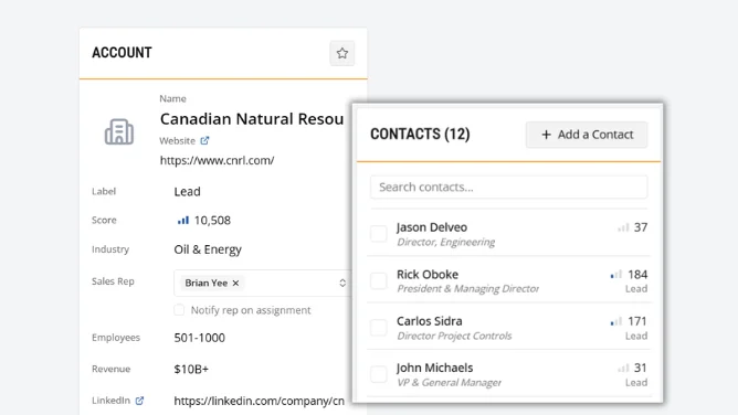 Account view with scores and contacts