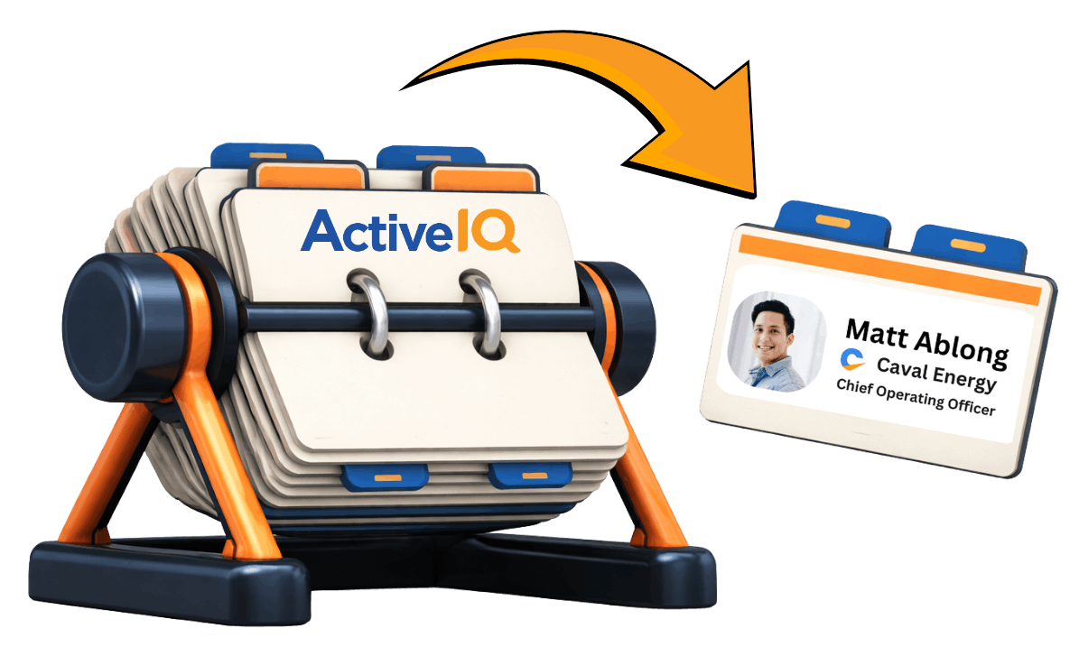 Illustration of a Rolodex handing out an ActiveIQ contact card