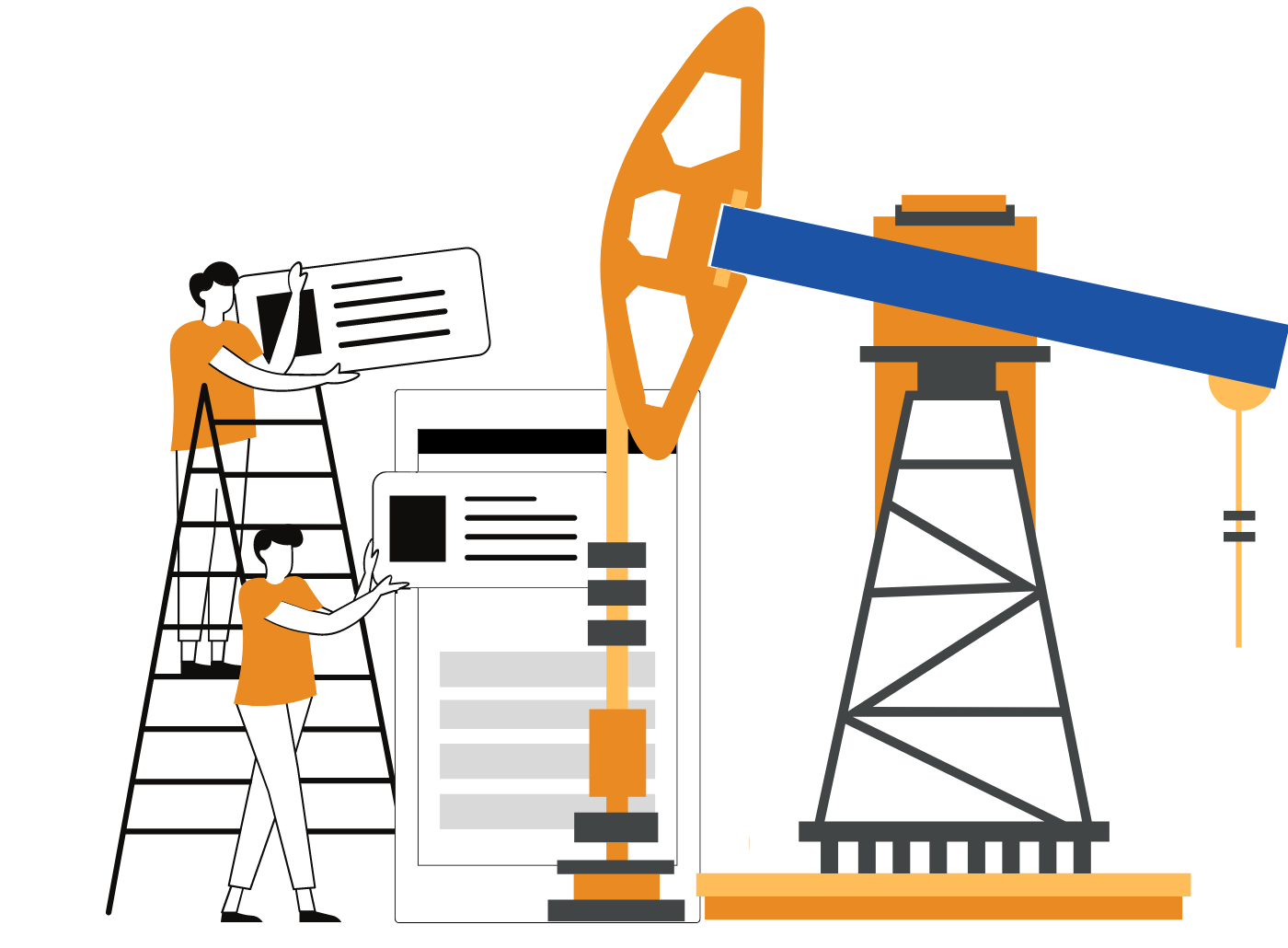 Illustration of people reviewing project data beside a pumpjack