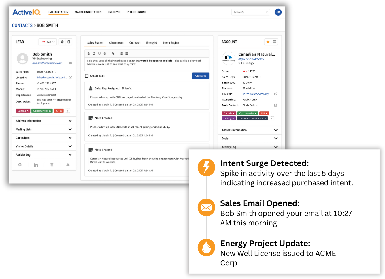 Sales Station contact record with intent surge, email opened and energy project notifications