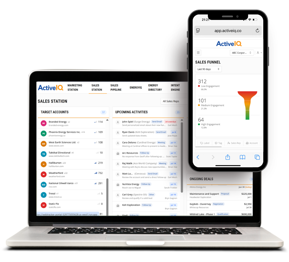 Sales Station target accounts and sales funnel on a laptop and phone